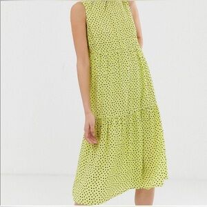 MNG Smocked midi Polka Dot High Neck dress SZ L